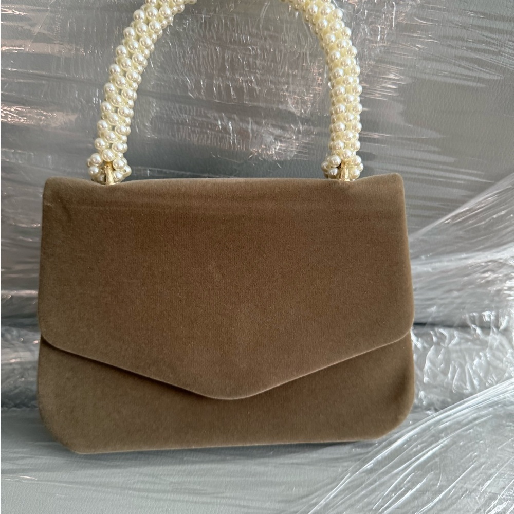 Elegant Brown Velvet Handbag with Pearl Handle